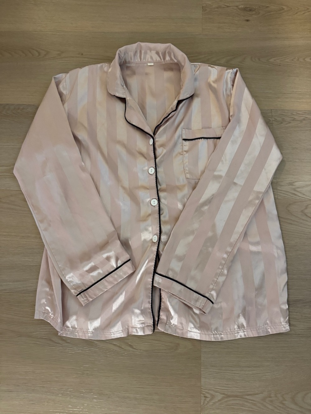 SHEIN Pink Satin Stripe Pajama Shirt with Black Piping